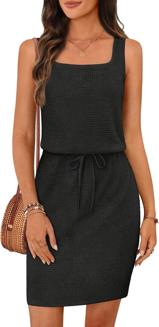MEROKEETY Women's Summer Mini Sundress Casual Waffle Knit Square Neck Drawstring Beach Tank Dresses (X-Large, Black)