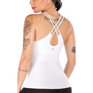 RUNNING GIRL Yoga Tank Tops for Women Built in Shelf Bra B/C Cups Strappy Back Activewear Workout Compression Tops (X-Large, D-white)