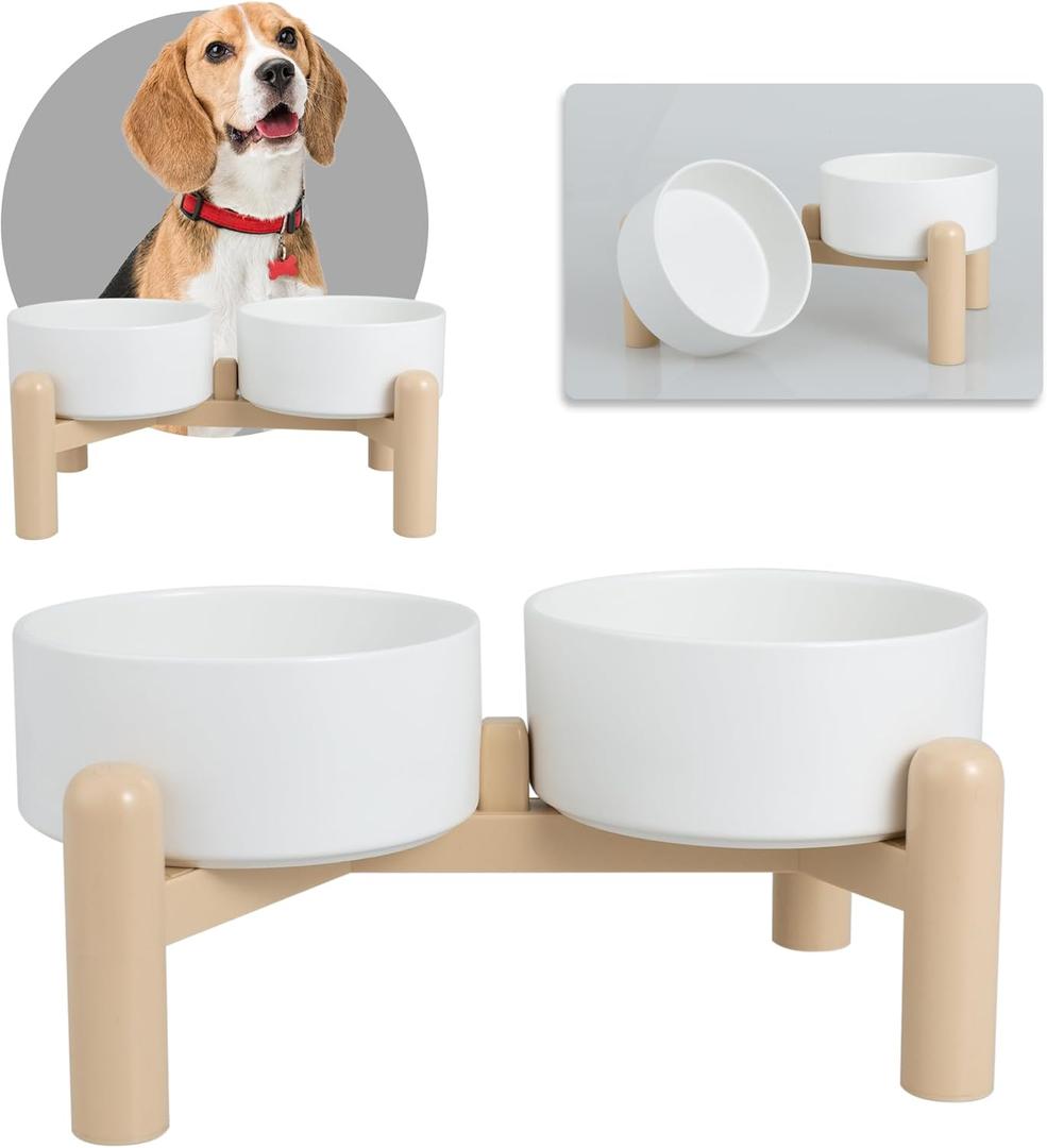Elevated Ceramic Dog Bowl Set of 2 - Double Dishes with Non-Slip Stand - Raised Food and Water Bowls - Ideal for Small to Medium Dogs - Each Holds 2 Cups (28.75 fl oz) - White, M