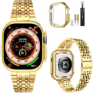 MioHHR Compatible with Apple Watch Band 49mm Ultra 3/2/1, Solid Stainless Steel Metal Strap Band for iWatch 49mm Series Ultra 3/2/1, Gold