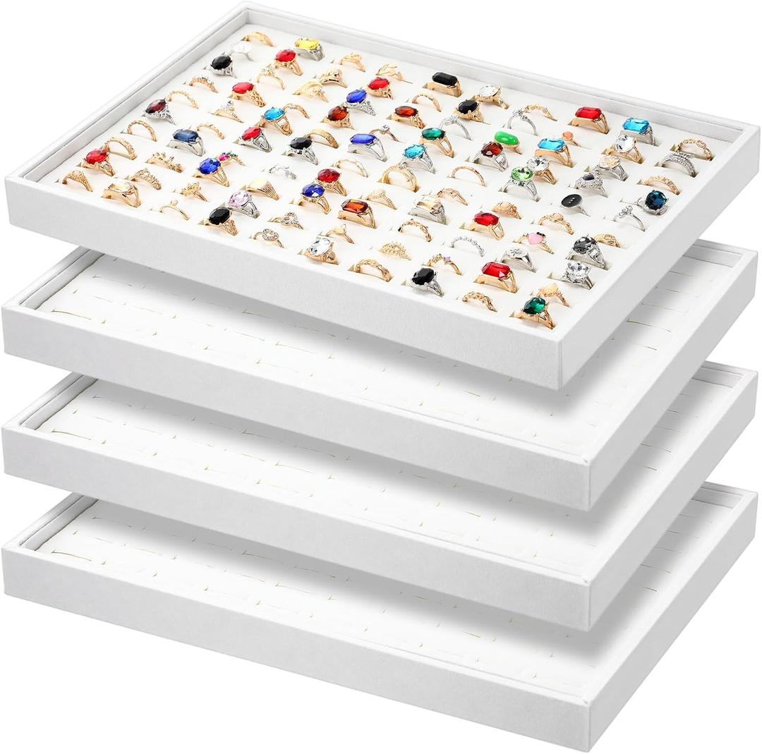 Wenqik 4 Pcs Cardboard Ring Holder with Velvet Lining, 100 Slot Inserts Stackable Ring Display Tray,13.8 x 9.4 x 1.2 inch (White)