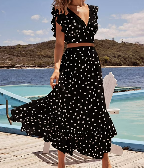 WOMEN'S POLKA DOT V-NECK CROP TOP WITH MAXI SKIRT SET, Black, Small