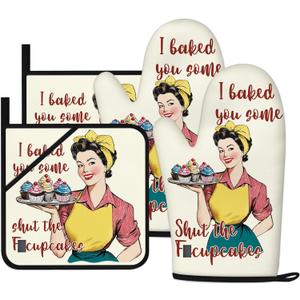 Funny Oven Mitts for Women Yellow Kitchen Accessories and Decor Oven Mitt Sets Retro Humor House Warming Cooking Baking Gifts for Mom Wife Sister (Beige, Oven Mitts & Pot Holders)