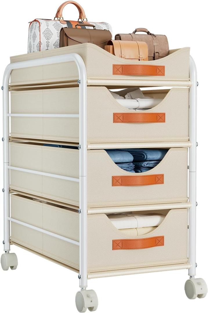 DIMJ Closet Organizers and Storage 4 Tier - Fabric Clothes Drawer Storage Bins, Stackable Rolling Storage Cart with Wheel, Small Dresser for Closet Bedroom Nursery Office (Beige)