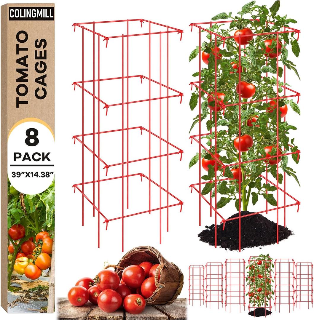 8 Pack Tomato Cages 39 Inch (H) Heavy Duty Square Tomato Cages Powder Coated Steel Plants Support Garden Trellis Stakes for Cucumber, Peas, Vegetables Climbing Plants