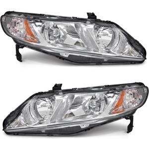 Headlights Assembly Compatible with 2006-2011 Honda Civic 4-Door Sedan Headlamp Replacement for 2006-2011 Civic 4DR Chrome Housing with Amber Reflector(NOT fit 2-Door)W/O Bulbs