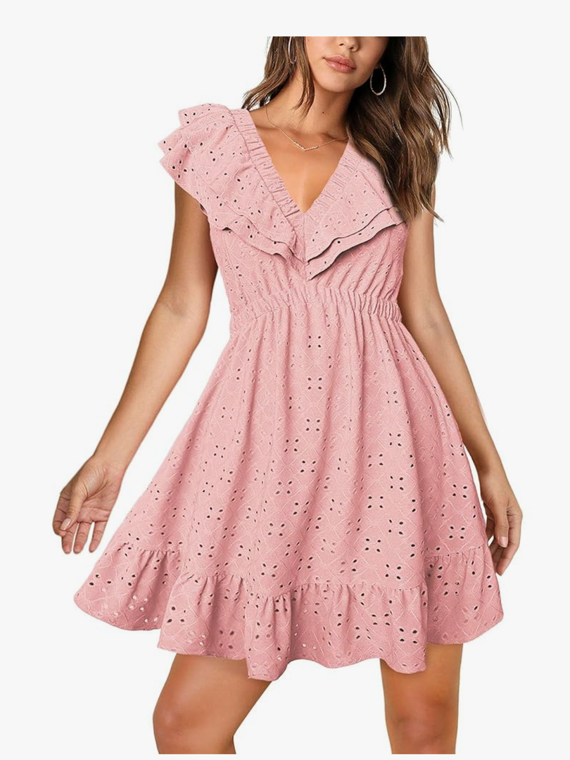 Summer V Neck Tie Back Ruffle Sleeve Hollow Out Casual A-Line Babydoll Swing Flowy Short Mini Dress,XS