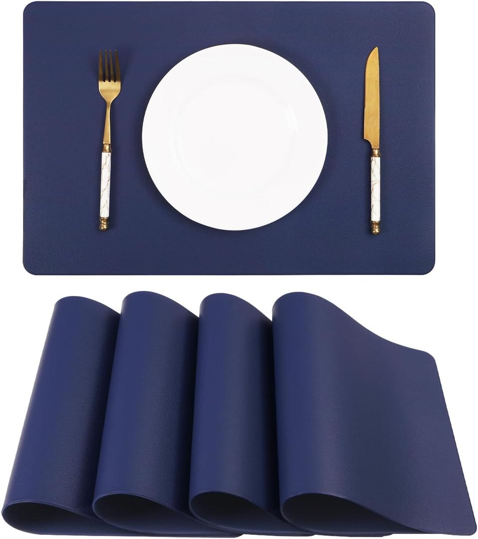Faux Leather Placemats HeloHo Navy Blue Table Place Mats Set of 4 Waterproof Oilproof Heat Stain Resistant Washable Wipeable Placemat for Kitchen Dining Table Decoration Indoor Outdoor