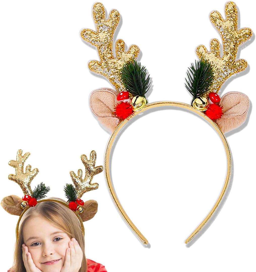 5 x Reindeer Antlers Headband Christmas Hairbands With Gold Glitter Elk Antlers Bell Design