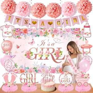 30Pcs Baby Shower Decoration for Girl Rose Floral Gender Reveal Party Supplies, It's a Girl Banner Backdrop Poster Sash Table Honeycomb Centerpiece Cake Topper Balloon Pregnancy Announcement