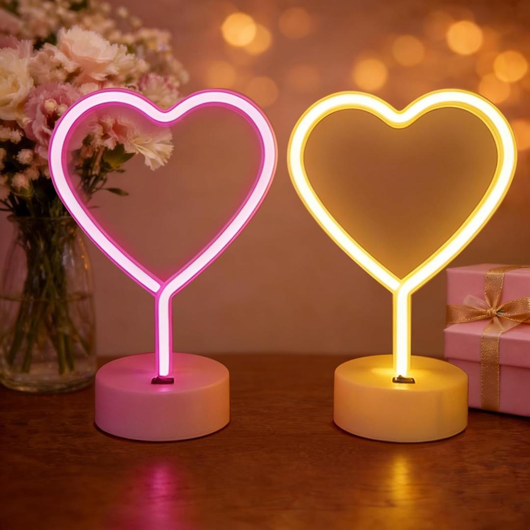Mothers Day Gifts for Mom, 2 Pack Heart Neon Signs, LED Pink Lights Battery Operated or USB Powered, Neon Lights Heart Decor for Valentine's Day Gifts, Wedding, Party, Pink Room Decor