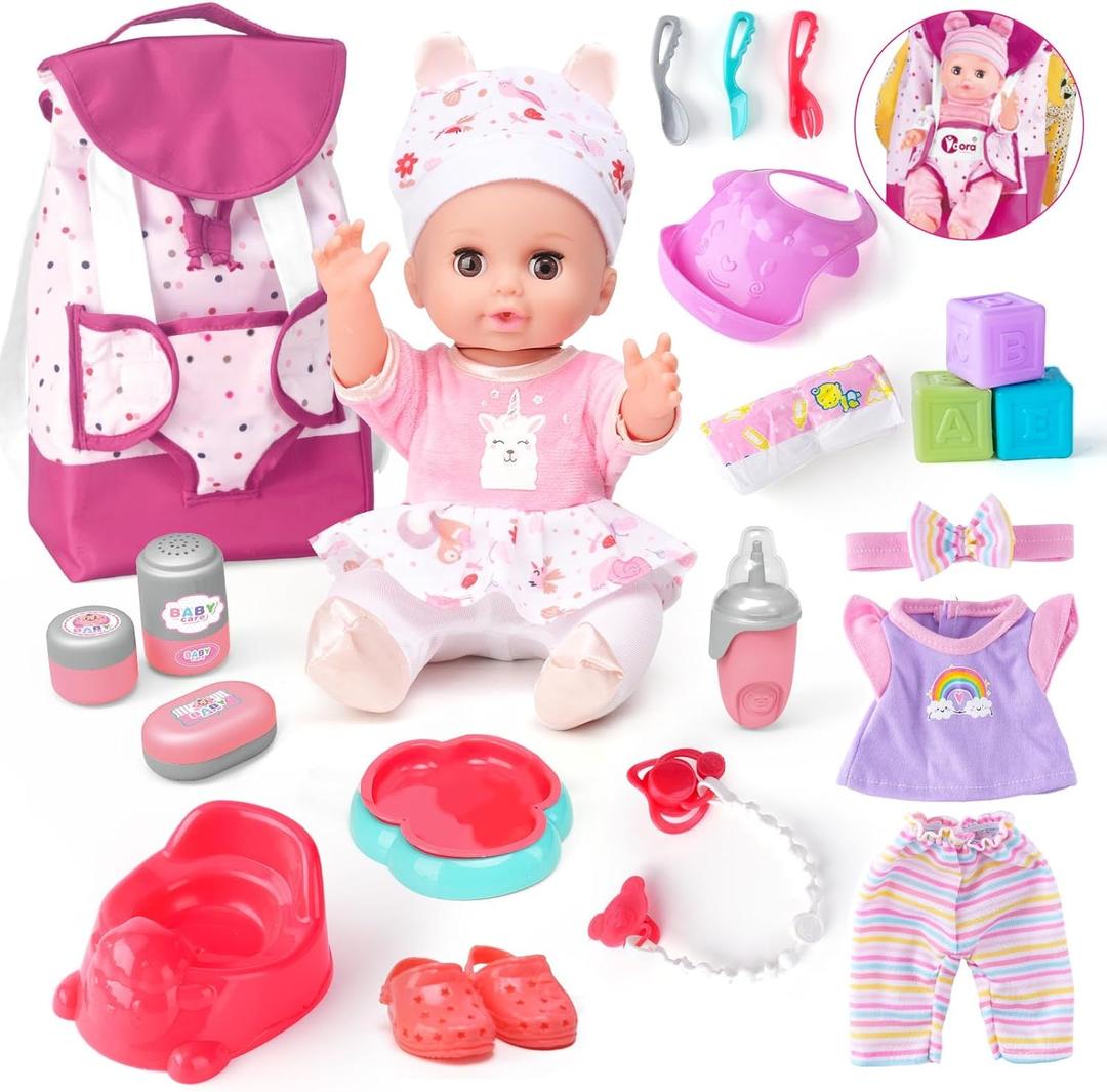 AuntyFey Baby Doll with Accessories Set, Baby Dolls Set for Toddler Girls 3-5 6-12, Baby Doll Playset, Baby Dolls for 5 Year Old Girls, Baby Doll Toys Pretend Play Toy(Backpack)