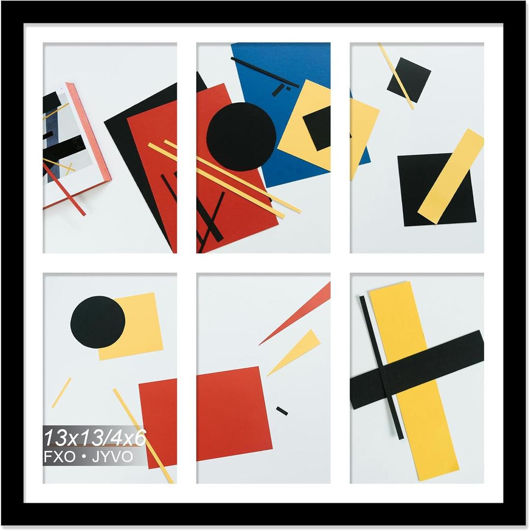 Fxojyvo 4x6 Picture Frame Collage, Display 6 4x6 Picture Collage or 13x13 Photo Only Without Mat, Light Weight and High Transparent Frame for Wall - 1 Pack/Black/6-Openings