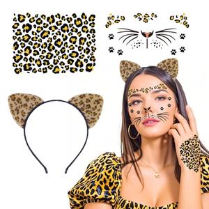 2 x Cheetah Ears Headband with Gold Cat Face Temporary Tattoos Leopard Print Ears Cat Whiskers Face Tattoo Stickers Leopard Makeup Halloween Cheetah Costume Accessories for Women Kids Adult(cheetah3)
