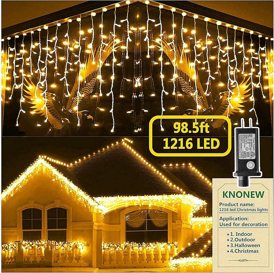 KNONEW 99ft 1216 LED Christmas Lights Outdoor Decorations with 228 Drops, 8 Modes Curtain Fairy String Light, Clear Wire LED String Light Indoor Decor for Wedding Party Christmas (Warm White)
