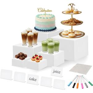 2-in-1 Reversible 6Pcs Buffet Risers With Mini Sign, Marker & Cleaning Cloth, Reusable Acrylic Food Display Stands for Buffet Table Party Catering, White Food Risers for Dessert Cake Treat
