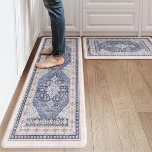 LEEVAN Kitchen Mats for Floor Non-Slip, Blue Cushioned Anti Fatigue Mat 2 Piece, Memory Foam Kitchen Mat Waterproof, Ergonomic Standing Mat for Office/Laundry (17.3"x29"+17.3"x47"-0.47inch)