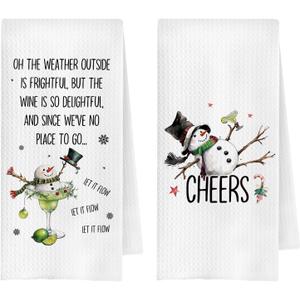Christmas Snowman Margarita Wine Kitchen Towels, Gifts for Cocktail Wine Lovers Dish Tea Towel for Kitchen, Funny Xmas Snowman Decorative Hand Towels for Bar Cart, 16x24 Inches Set of 2