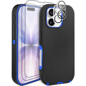 For iPhone 17 Case 6.3" with 2 Screen Protector & 2 Camera Lens Protector, Heavy Duty Full Protection Rugged Phone Case Military Grade Drop-Proof Cover (Black+Blue)
