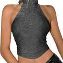 SweatyRocks Women's Glitter Halter Crop Tops Backless Ruhced Going Out Party Sexy Top Clubwear (Black), Size: Small