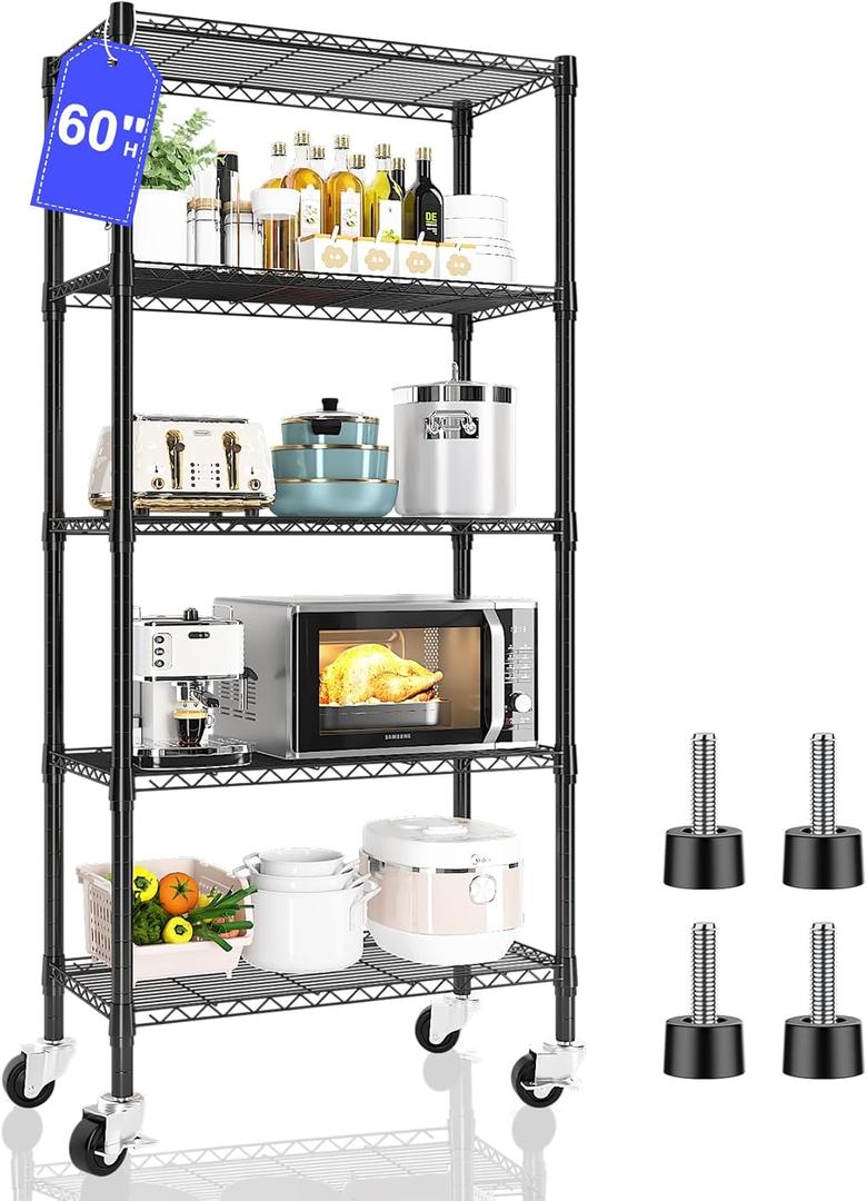 5 Tier Shelving Unit Wire Rack, Heavy Duty Adjustable Shelf Rolling Storage Shelves with Wheels, 14" D x 30" W x 60" H 750 lbs Capacity Kitchen Garage Pantry Shelves for Small Spaces