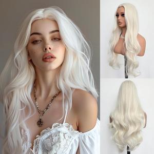 White Wigs for Women Long Wavy Wigs with Blonde Highlight 28 inch Middle Part Curly Wig Natural Looking Synthetic Wigs Thick Soft Long White Wig Hair Replacement Wigs for Daily Party Costume Use