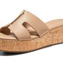 Coutgo Women's Platform Wedge Sandals Open Toe Slip On Slides Cork Heeled Cutout Comfortable Summer Shoes, Khaki, Size 9