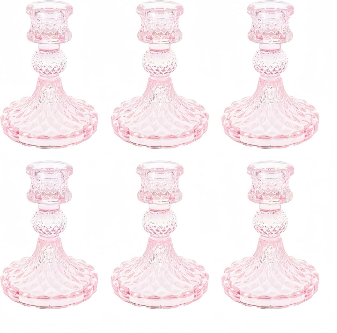 Glass Candlestick Holder,Striped Taper Candle Holders,Set of 6 Candle Stand for Table Centerpieces, Home Decor,Weddings,Festival and Parties (Pink Dimond)
