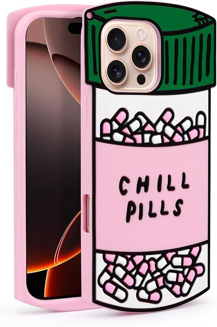 Dumkery Cute Case Compatible with iPhone 16 Pro Chill Pills Case, Girly Capsule Bottle Shaped 3D Funny Soft Silicone Heavy Duty Protection Shockproof Cases for Girls Women Multicolor