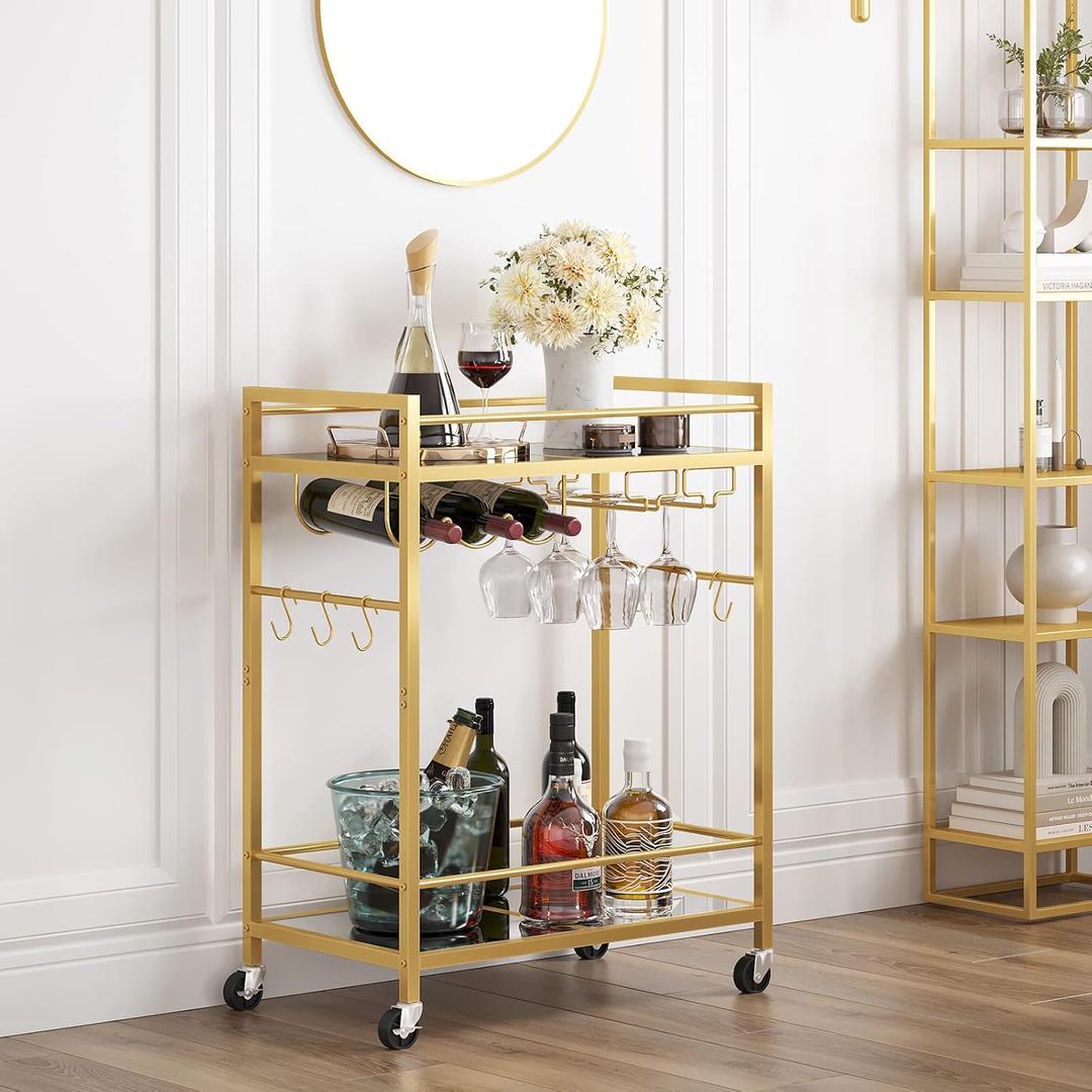 TUTOTAK Gold Bar Cart with 2 Mirrored Shelves, Wine Rack & Glass Holder, 2 tier（23.7"W)