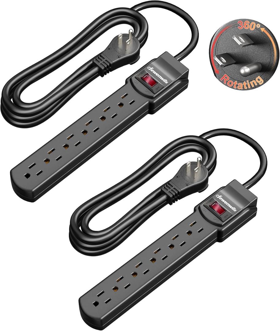 DEWENWILS 6FT Long Power Strip, 360 Rotating Flat Plug & 6 Outlets, 14/3C Thin Black Extension Cord, Space Saving Surge Protector Power Strip for Home, Office, 800 Joules,ETL Listed