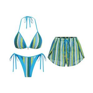 ZAFUL 3 Piece Bikini Sets for Women Shorts Trendy Crochet Vacation Swimsuits Summer Cruise Bathing Suits Blue Green M