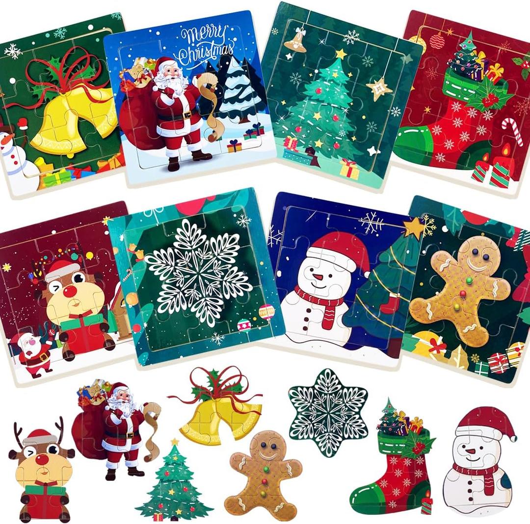 Anditoy 8 Pack Christmas 9 Pieces Wooden Puzzles for Kids Toddlers Christmas Toys Stocking Stuffers Gifts Party Favors