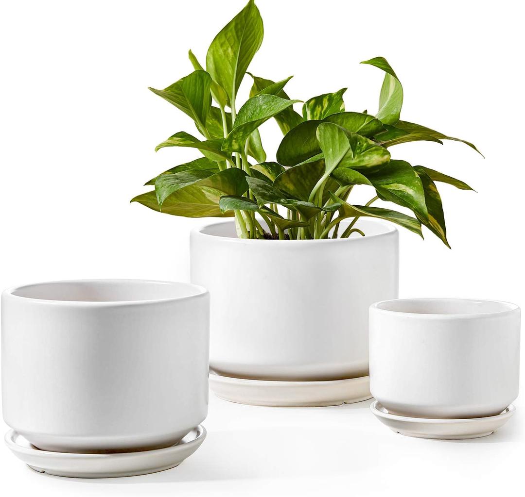 LE TAUCI Plant Pots Indoor, 4.3+5.3+6.8 Inch, Set of 3, Ceramic Planters with Drainage Hole and Saucer, Modern Indoor Flower Pot with Hole Mesh Pad, Gifts for Mom, Classic White