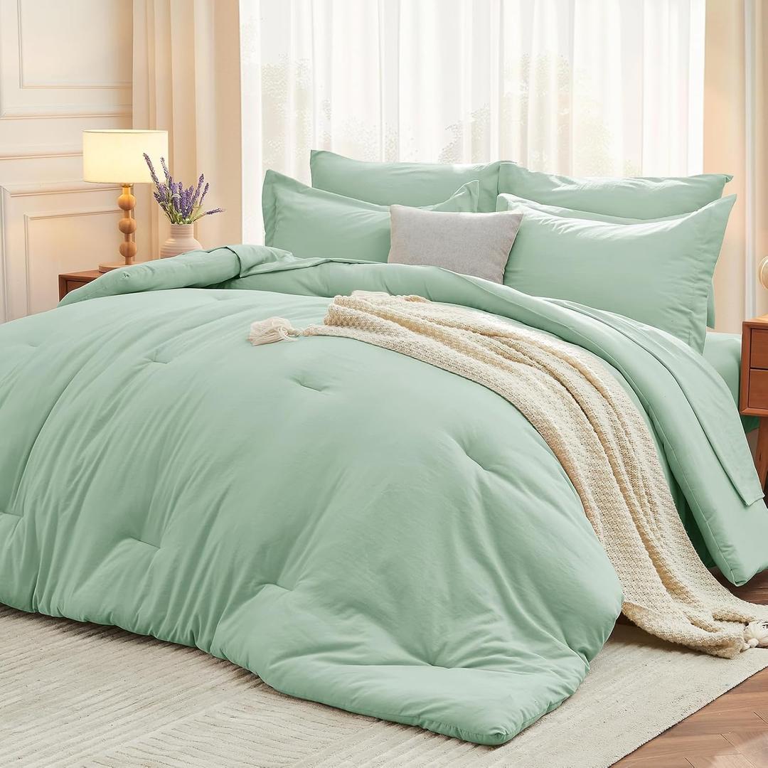 MUXHOMO 7 Pieces California King Comforter Set, Soft Bed in a Bag Cal King Size, All Season Bedding Set with Comforter, Flat Sheet, Fitted Sheet, Pillowcases & Shams, Sage Green