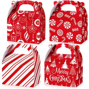 24 Pcs Christmas Goody Candy Boxes Cardboard Xmas Treat Boxes with Handles 3D Christmas Favor Boxes with Vibrant Print for Party Gifts Candy Chocolate Treats and Cookies Favors (Candy Cane Style)