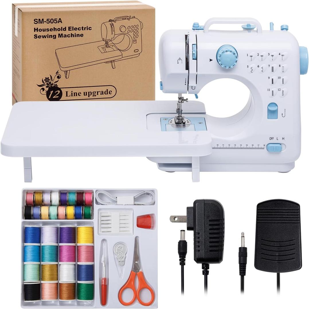 Sewing Machine for Beginners with Extension Table Mini Sewing Machines Kit Supplies 12 Built-in Stitches with Needles Assorted Thread Kit Starter Kit Easiest for Adult and Kids Ages 8-12 Easy Sewing (White and Blue)