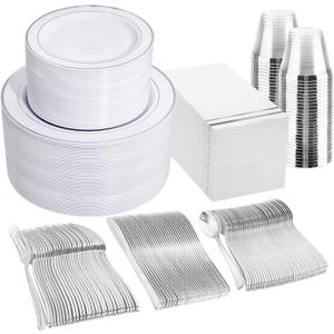 GATHER 700PCS Silver Plastic Plates - Silver Disposable Dinnerware Sets 100 Guest Include 200 Plates, 300 Silverware, 100 Napkins, 100 Cups For Wedding & Party