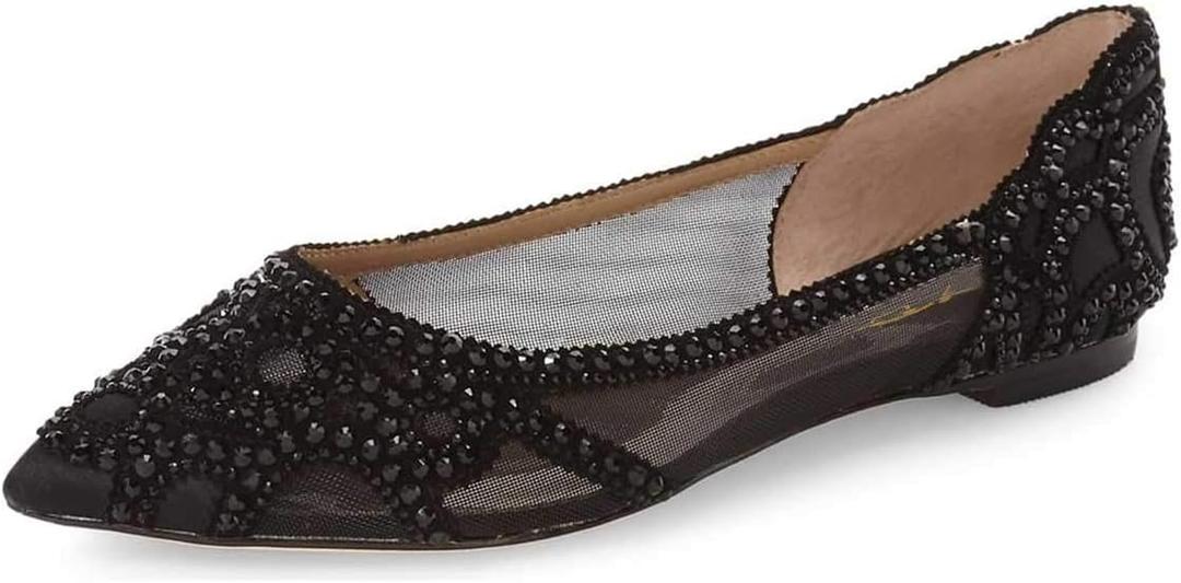 XYD Women Elegant Pointed Toe Rhinestone Flats Mesh Slip-on Crystals Wedding Bride Ballet Shoes, 12