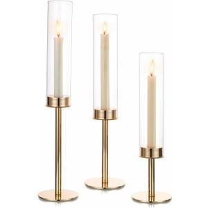 Hewory Gold Candle Holders Hurricane Candlestick Holders, 3Pcs Candle Stick Candle Holder Candelabra, Taper Candle Holders with Glass Candle Cover for Wedding Table Centerpiece Christmas Decor