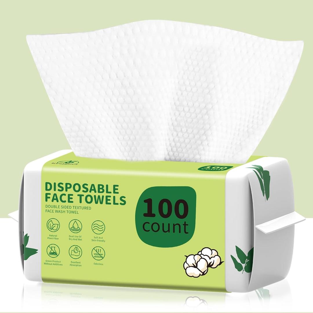 Disposable Face Towels 100 Count, Biodegradable Ultra Soft & Thick Facial Towels for Sensitive Skin, Lint-Free Makeup Remover Dry Wipes, Multi-Purpose Cleansing Towelettes for Face Wipes, Skincare