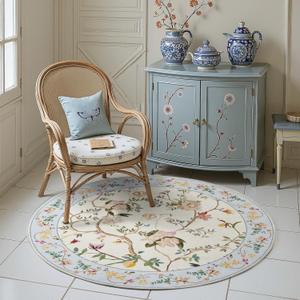 jinchan Floraison Floral Round Rug 4ft Non Slip Soft Circle Rugs Machine Washable Indoor Small Bathroom Low Pile Throw Carpet for Entryway Bedroom Door Mat Kitchen Decor Beige/Blue