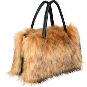 Women's Faux Fur Crossbody Tote Purse, Black Leather Handle Fluffy Fashion Shoulder Handbag (Brown)