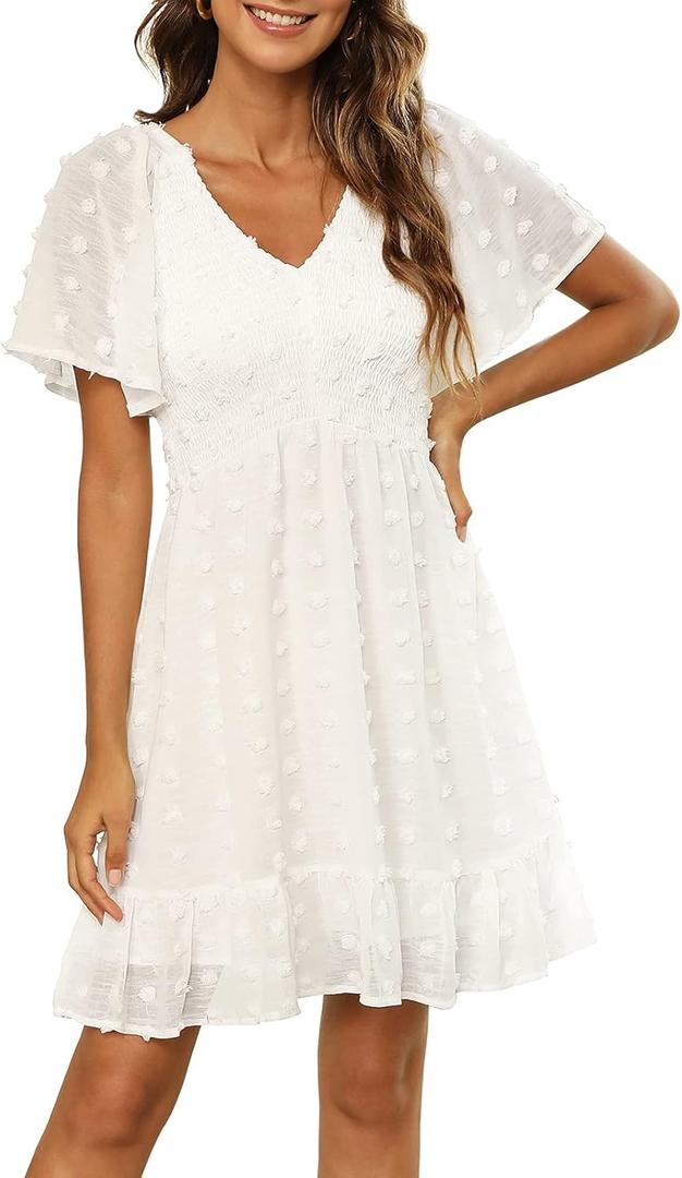 Zattcas Womens 2025 Summer Smocked Dress Short Flutter Sleeve V Neck Swiss Dot Babydoll Ruffle Tiered Mini Dress (Medium, White)