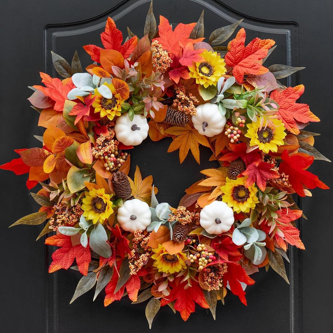 Fall Wreaths for Front Door Outside 24 Inch Autumn Wreath with Red Maple Leaves, White Pumpkins,Yellow Wildflowers, Pinecones&BerriesThanksgiving Farmhouse Door Decor for Indoor Outdoor Use