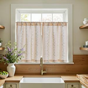 Jinchan Katy Linen Floral Kitchen Curtains 36 Inches Length Stripe Cafe Curtains Farmhouse Cottagecore Tier Small Window Drapes for Living Room Light Filtering Rod Pocket 2 Panels Sage Green on Linen