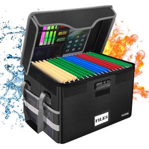 DocSafe Fireproof Document Box with Lock, File Storage Organizer with Mesh Pockets, Collapsible Portable File Box Home Office Safe Filing Cabinet with Handle for Hanging Letter/Legal Folder, Black (1 pack)