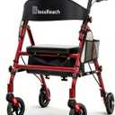 BlessReach Lightweight Foldable Rollator Walkers with Seat for Seniors, 350 lb Capacity, 5-Position Adjustable Height, Premium Hybrid Rolling Walker - Aluminum and Carbon Steel (Red)
