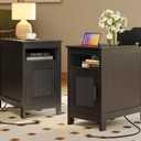 Huuger Narrow Night Stand Set of 2, End Table with Charging Station, USB-C Port, Rattan Side Table with Cabinet and Open Shelf, Synthetic Rattan, for Small Spaces, Bedroom, Black, 13.4" L x 23.6" W x 22.8" H