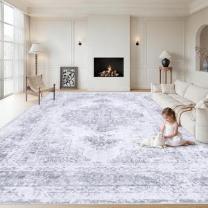 XLUEZ Area Rug 9x12 Living Room Rug, Machine Washable Vintage Distressed Medallion Rug Non-Slip Soft Low Pile Large Indoor Rugs for Bedroom Kitchen Dining Room Office(LightGrey,9'x12')